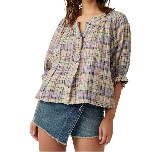 Free People Women's Lucy Cotton Button-Front Swing Blouse size S - Picture 8 of 9
